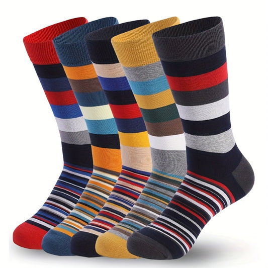 Assorted Colors 5 Pairs Mid-Calf Socks - YQ - Unisex Comfort Striped Combo for All Seasons