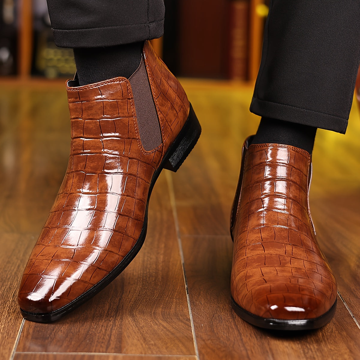 Men's Slip-On Checkered Boots - Formal to Casual All-Season Shoes, Glossy Black, Cushioned PU Insole & Non-Slip Sole for Office, Parties, Casual Attire - Durable -like Boots, Party Shoes, Retro Design, Comfortable Fit, Stylis