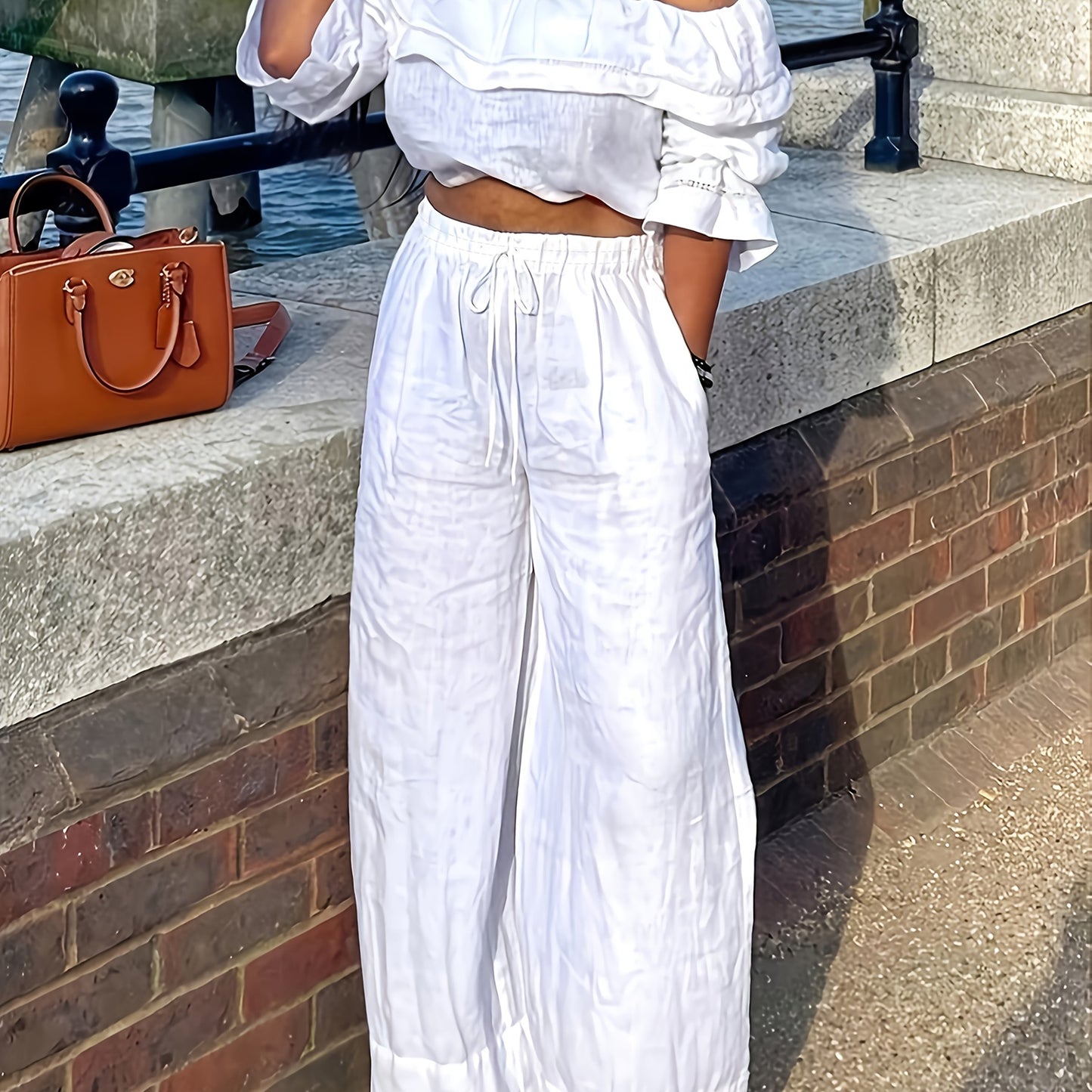 New Elegant Style Products In 2025, 2pcs Set Of Casual And Elegant Clothes For Women, Suitable For All Seasons To Wear, One-shoulder Off-shoulder Solid Color Top And Strap-on Straight-leg Pants Suit