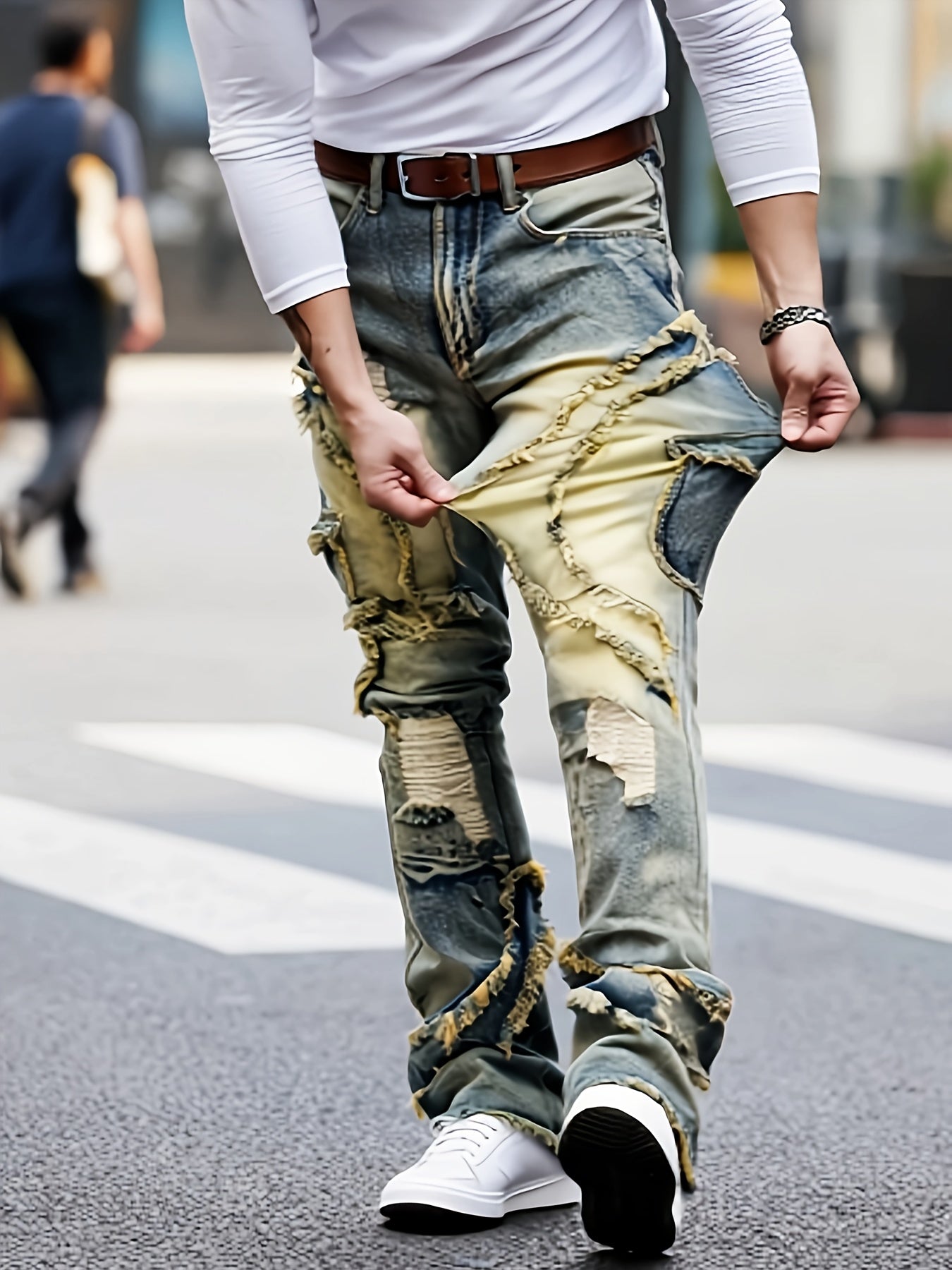 HME Men's Skinny Jeans - Heavy Washed Vintage Streetwear Pants with Patchwork Stitching, Stretch Denim (Cotton-Based), Mid-Rise Fit, All-Season Urban Fashion Jeans for Men, Casual Streetwear, Versatile Bottoms, Retro Style, D