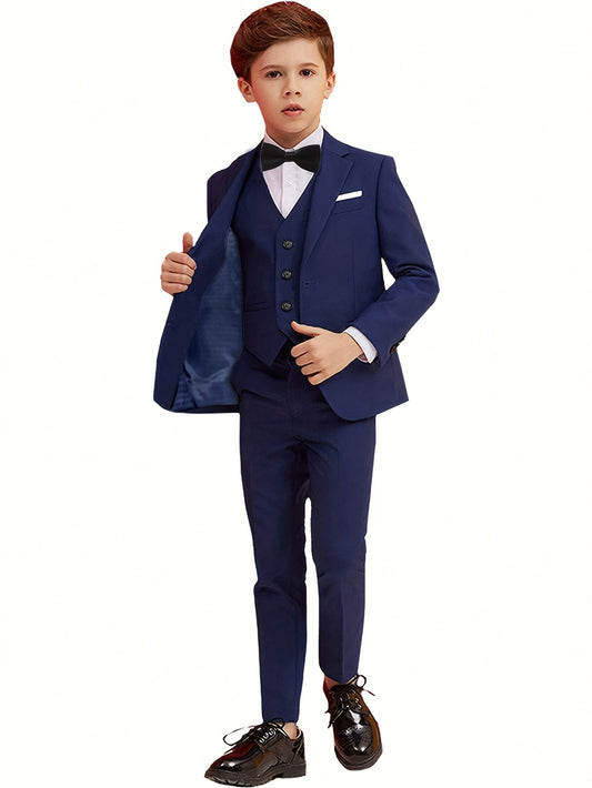 Mosedou Boys 4pcs Suit Set Blazer&Waistcoat&Pants&Tie 2-16Yrs Kids Formal Wear British Style Wedding & School Outfit Boys' Suits 4pcs Sets Teens Formal Suits for Vest&Tie Wedding Flower Boy Attire