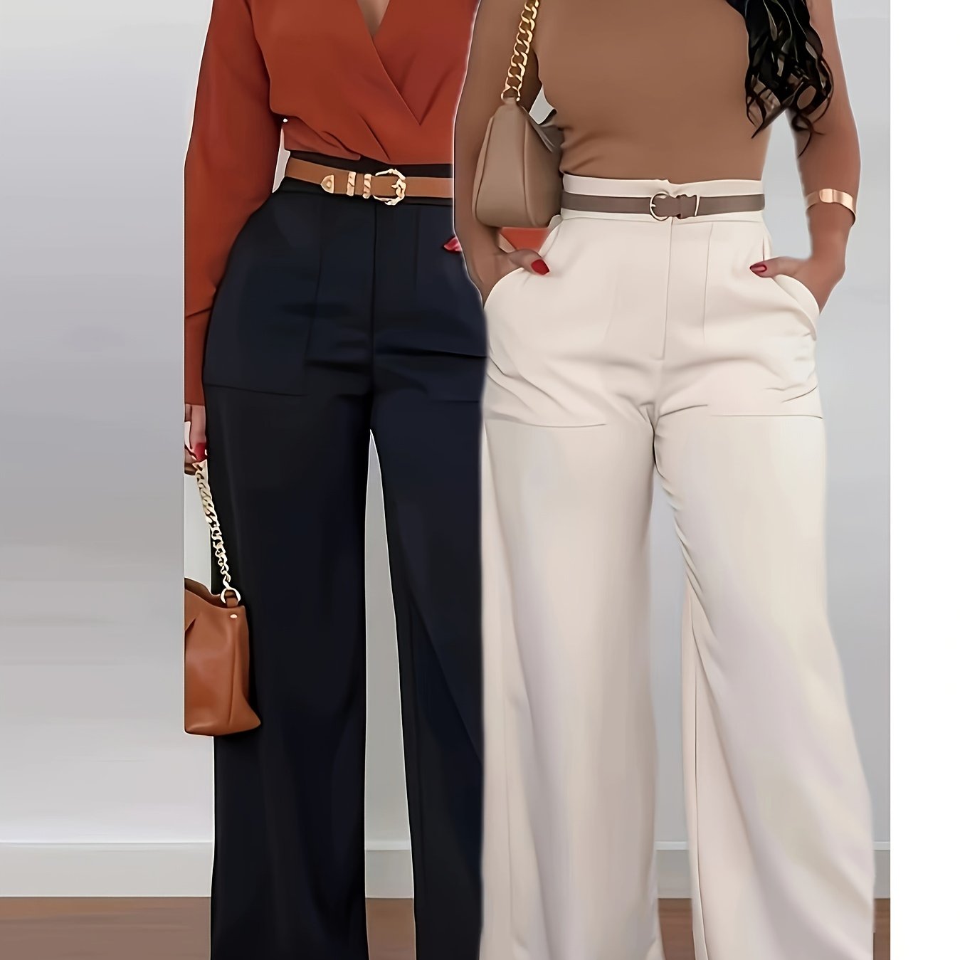 Two-Pack Women's Elegant Straight Leg Work Pants with Large Side Bags, Wide Leg Pants for Women High Waist, Extra Long Pants, High Waist Trouser Pants for Women, Stretch Straight Leg Pants for Women, Leg Pants for Women