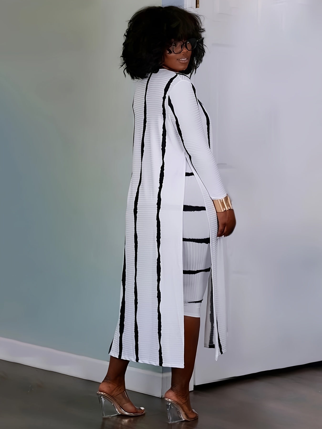 Striped Matching Two-piece Set, Casual Long Sleeve Open Front Split Cardigan & Slim Ribbed Midi Tube Dress Outfits, Women's Clothing