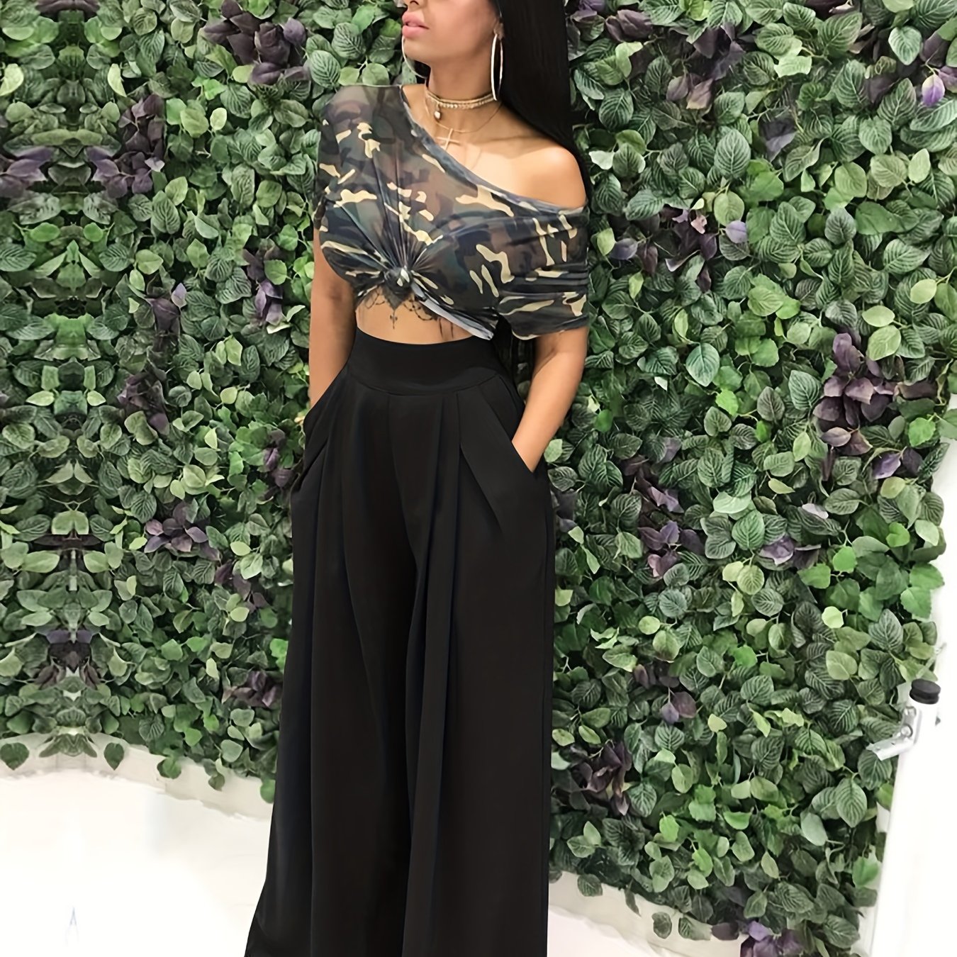 Loose Straight Flare Pants, Casual Pocket High Waist Solid Wide Leg Fashion Comfy Pants, Women's Clothing