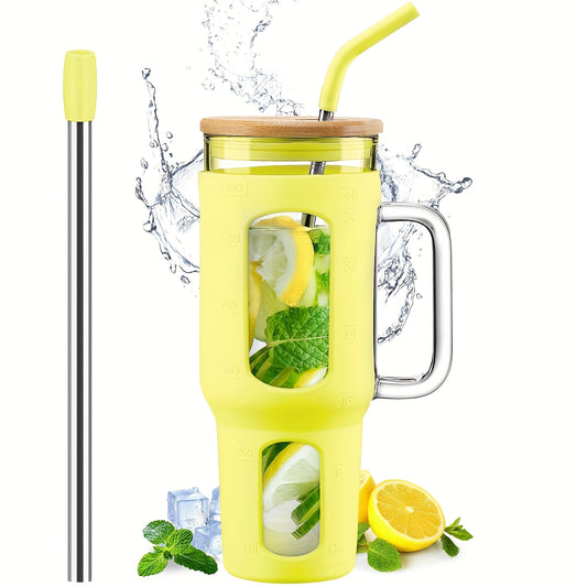 Winsa 46oz BPA-Free Glass Tumbler with Lid & Straw – Iced Coffee Cup with Handle, Clear Glass Window, Pearl Straw & Drinking Straw, Perfect for On-the-Go or Home Use, Coffee Travel Mug, Beverage Container, Stylish Drinkware