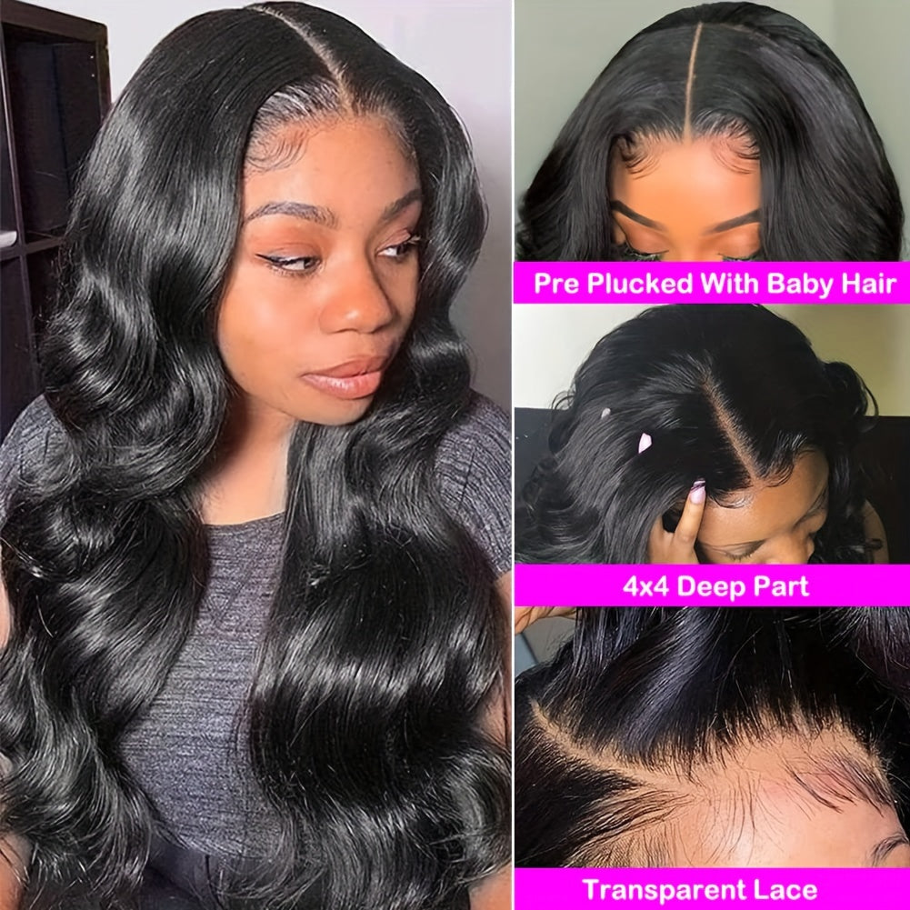 /4x4 Transparent Lace Front Wig - 150% Density Body Wave Natural Black Human-Like Hair, Breathable Lace Closure with African /White/Asian/Indian Women, Heat Resistant & Easy Wear (No Glue)