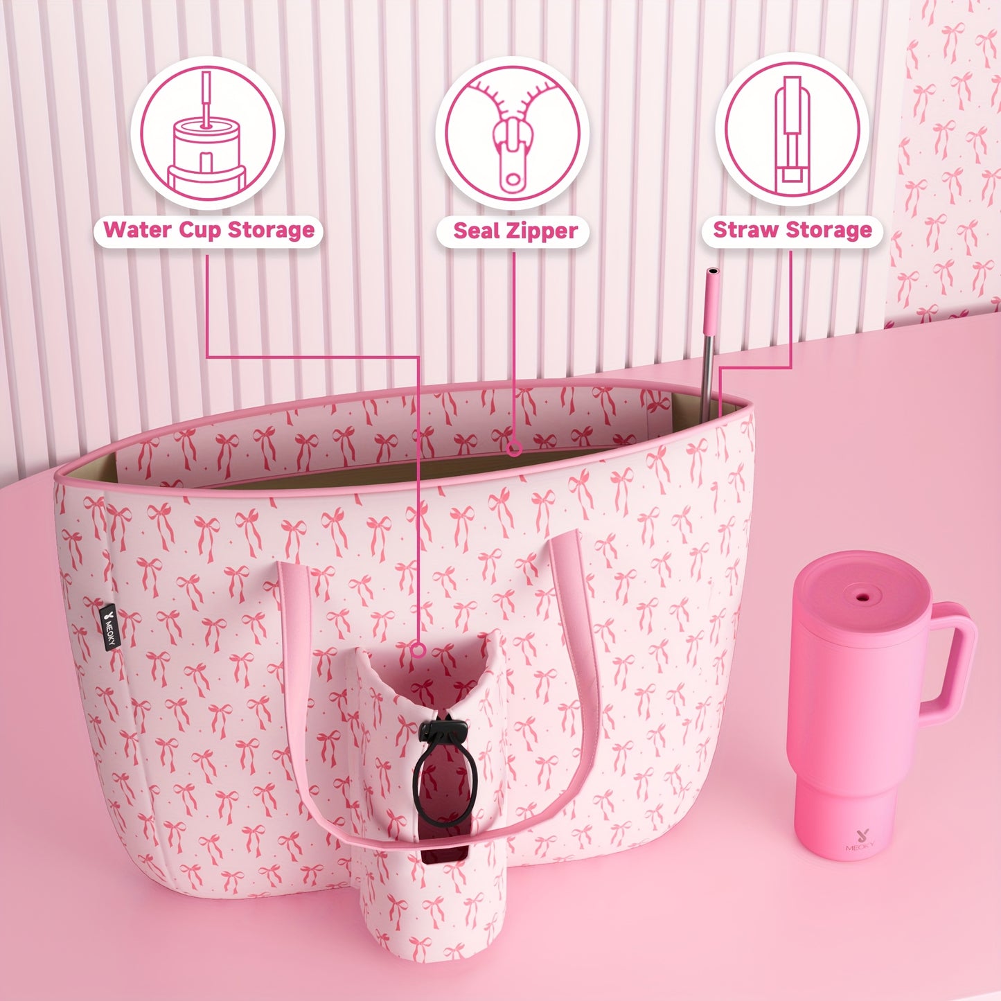 [Pink Nylon Tote] MEOKY Large Pink Nylon Tote Bag | 3.96gal High Quality with Zippered Compartment & Wrist Strap - Water Bottle Carrier Bag, Work Carryall Purse, Fashionable Luggage Accessory, Sturdy Handles for Travel, Work,
