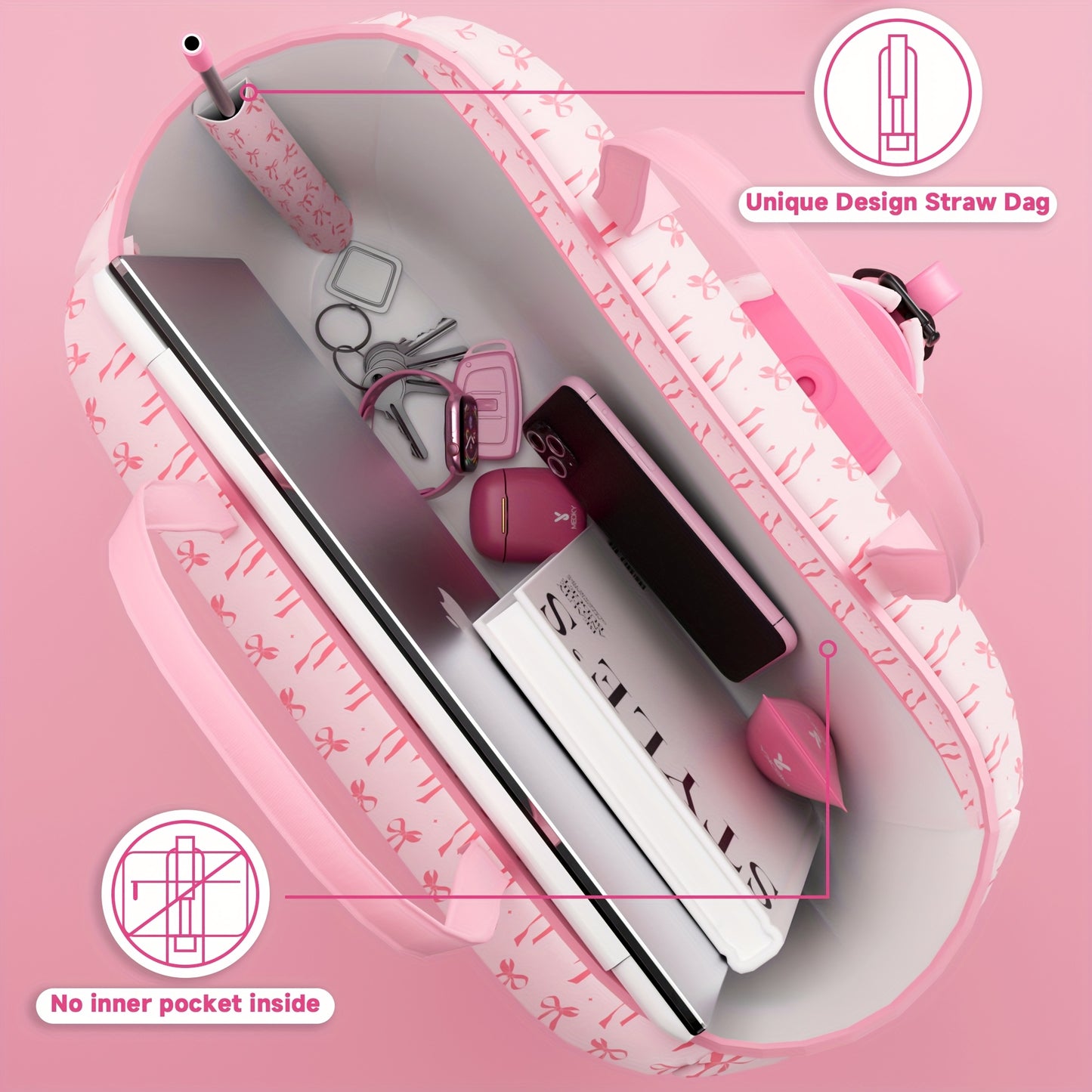 [Pink Nylon Tote] MEOKY Large Pink Nylon Tote Bag | 3.96gal High Quality with Zippered Compartment & Wrist Strap - Water Bottle Carrier Bag, Work Carryall Purse, Fashionable Luggage Accessory, Sturdy Handles for Travel, Work,