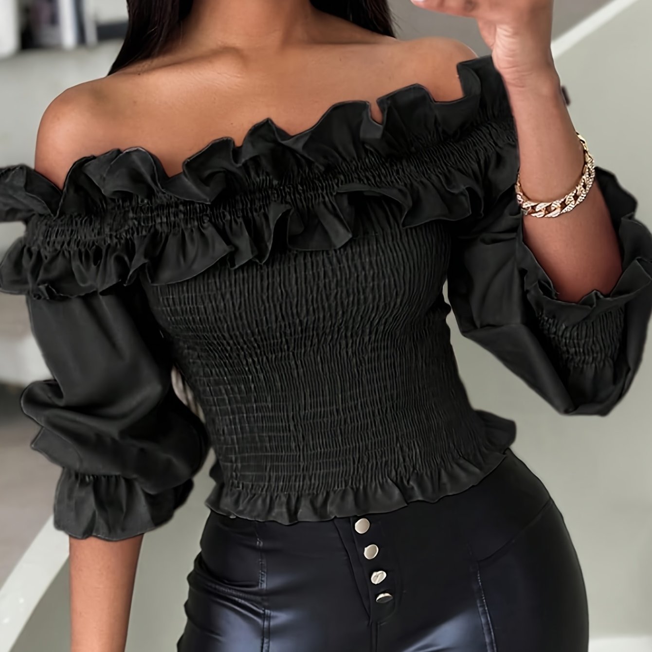 Elegant Off-Shoulder Shirred Blouse for Women - Solid Color, Polyester and Elastane, Machine Washable, Allseason Apparel | Fitted Top | Tailored Fit