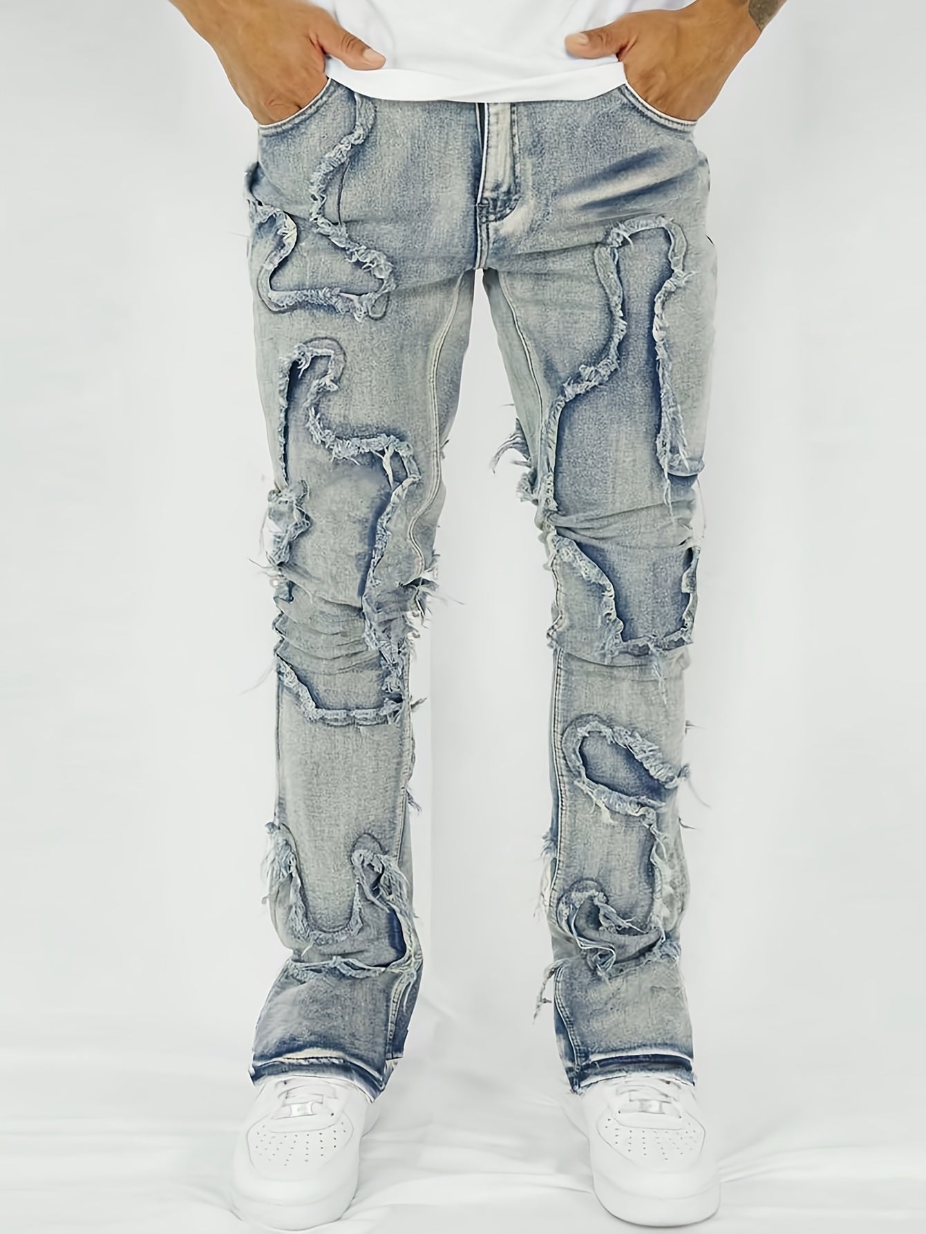 Men'S Casual Washed Denim Jeans With Fringed Edge Design, Slim Fit, Retro Streetwear, Trendy Brand, Versatile For Commuting