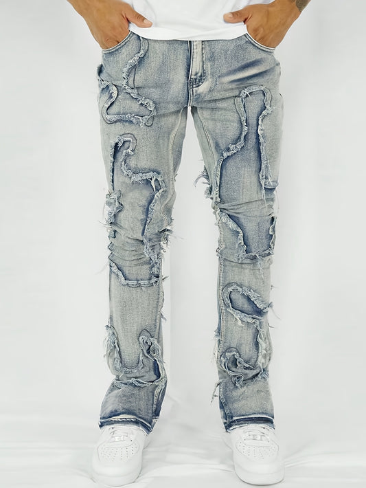 Men'S Casual Washed Denim Jeans With Fringed Edge Design, Slim Fit, Retro Streetwear, Trendy Brand, Versatile For Commuting
