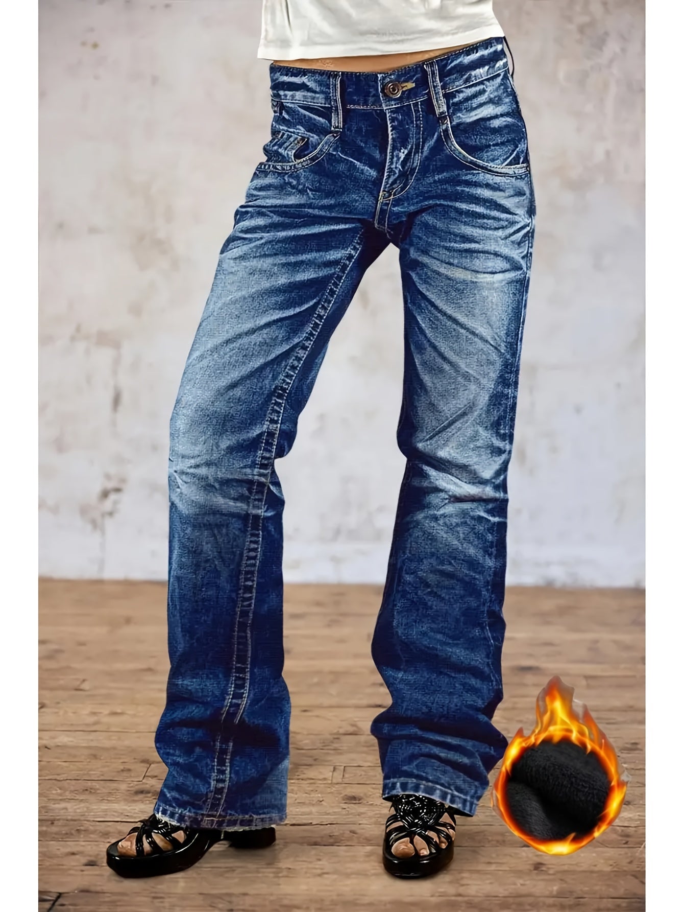 HME Men's Heavy-Duty Winter Jeans - Thickened Insulated Fleece-Lined Mid-Stretch Straight-Leg Light Wash Blue Distressed Denim Pants with Beltless Design & Zipper Closure, Machine Washable Cold-Resistant Casual Work Pants for