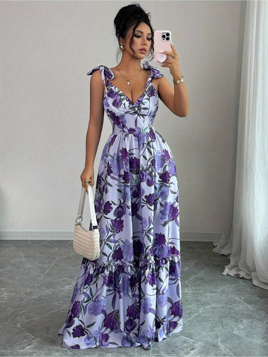 Women's Sleeveless Spaghetti Strap Bow Waist A- line Print Elegant Dress, Suitable for Vacation, Summer Outfit, Spring Fashion, Aline Dress, Elegant Style, Printed Dress, Lightweight Fabric, Bow Detail Dress, Loose Fit Dress,