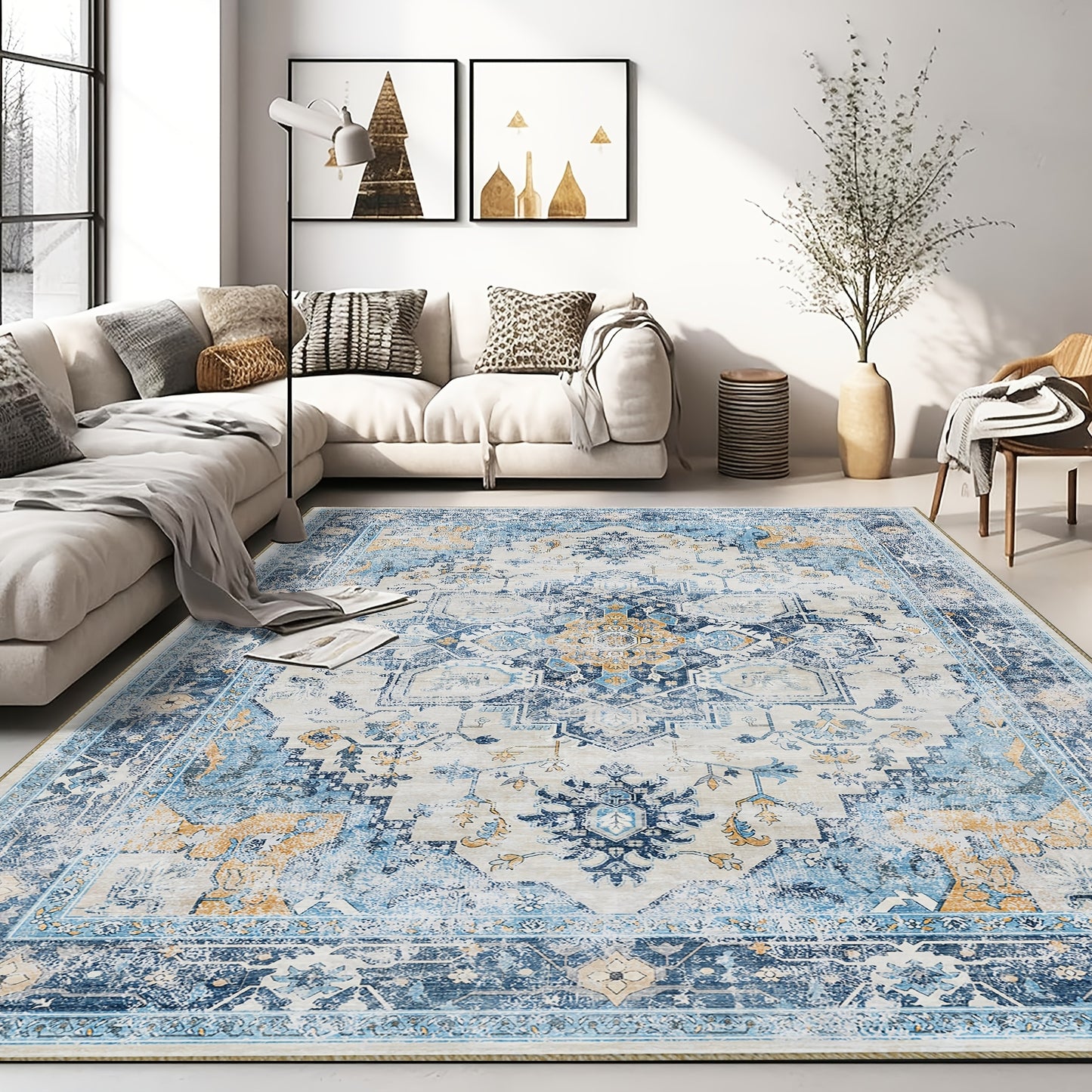 [Soft Moroccan Boho Mat] 1pc Machine Washable Moroccan Boho Area Mat - Soft, Low Pile, Non-Slip Polyester in Neutral Blue/Brown - Perfect for Living Room, Bedroom, Dining Room, Playroom, Office