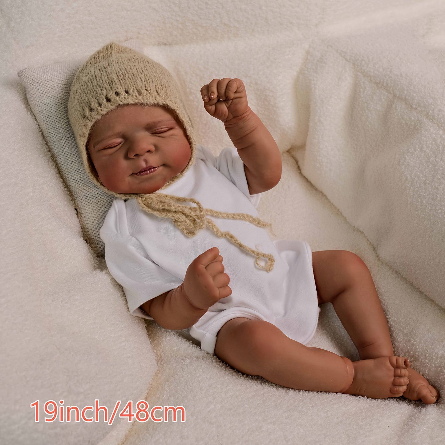 19 Inch Reborn Baby Doll- Soft Full Vinyl Body, Lifelike Newborn Sleeping Doll Dark Brown Girl, Rooted Hair, Lovely Kids Toy Gift, Realistic Alive Doll For Birthday/ Thanksgiving Day/ Christmas Gifts