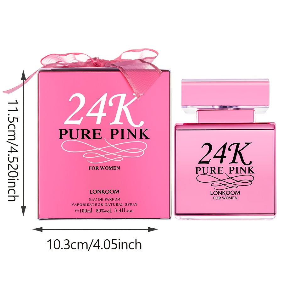 LONKOOM 24K Pure Pink Eau De Parfum for Women - Floral & Fruity Scent with Apple Top, Orchid Heart, Amber Base, Alcohol-Infused, Formaldehyde-Free, Ideal Winter Date Gift, 3.38oz, Women's Perfume|Sophisticated Packaging|Flora