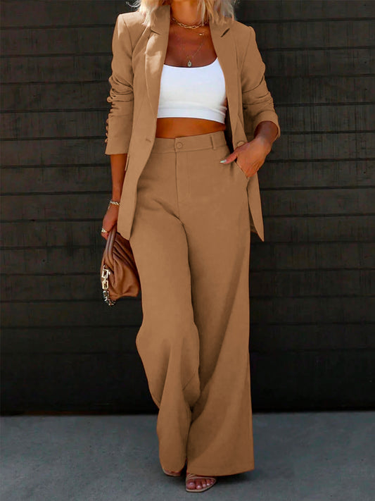 Spring and Autumn Women'S Casual Fashion Elegant Solid Color Suit with Flip Collar Long Sleeves and Pants Set, Suitable for Outdoors, Office Commuting, Business Trips, Parties