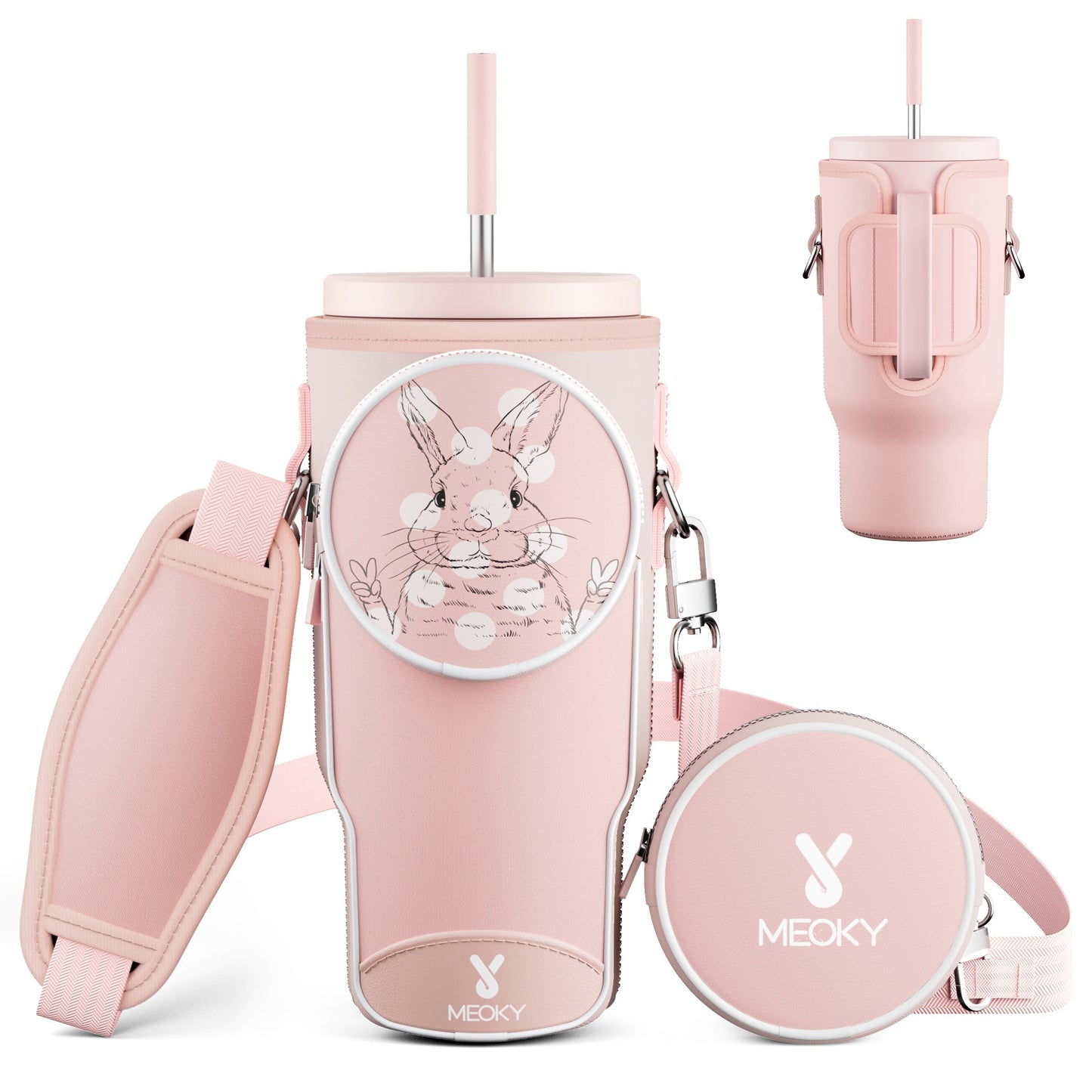 Meoky 1pc Water Bottle Carrier Bag With Phone Pocket For 40 Oz Tumbler With Handle, Neoprene Water Bottle Holder Pouch With Adjustable Strap, 2 Carabiner Clips