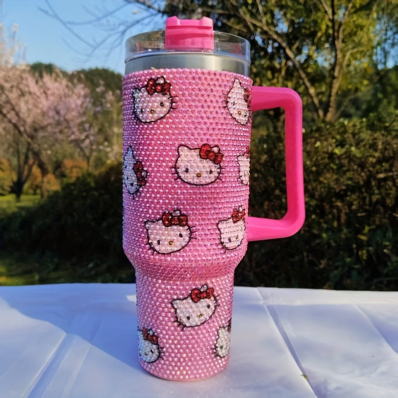 1pc Hello Kitty 40oz Stainless Steel Insulated Water Bottle with Rhinestone Tumbler Lid, Cute Pink Kitty Cat Handle & Straw - BPA-Free Thermos for,, Women, Birthday/Christmas/Valentine's Gift, Hot/Cold Drink Thermos, Drink Bo