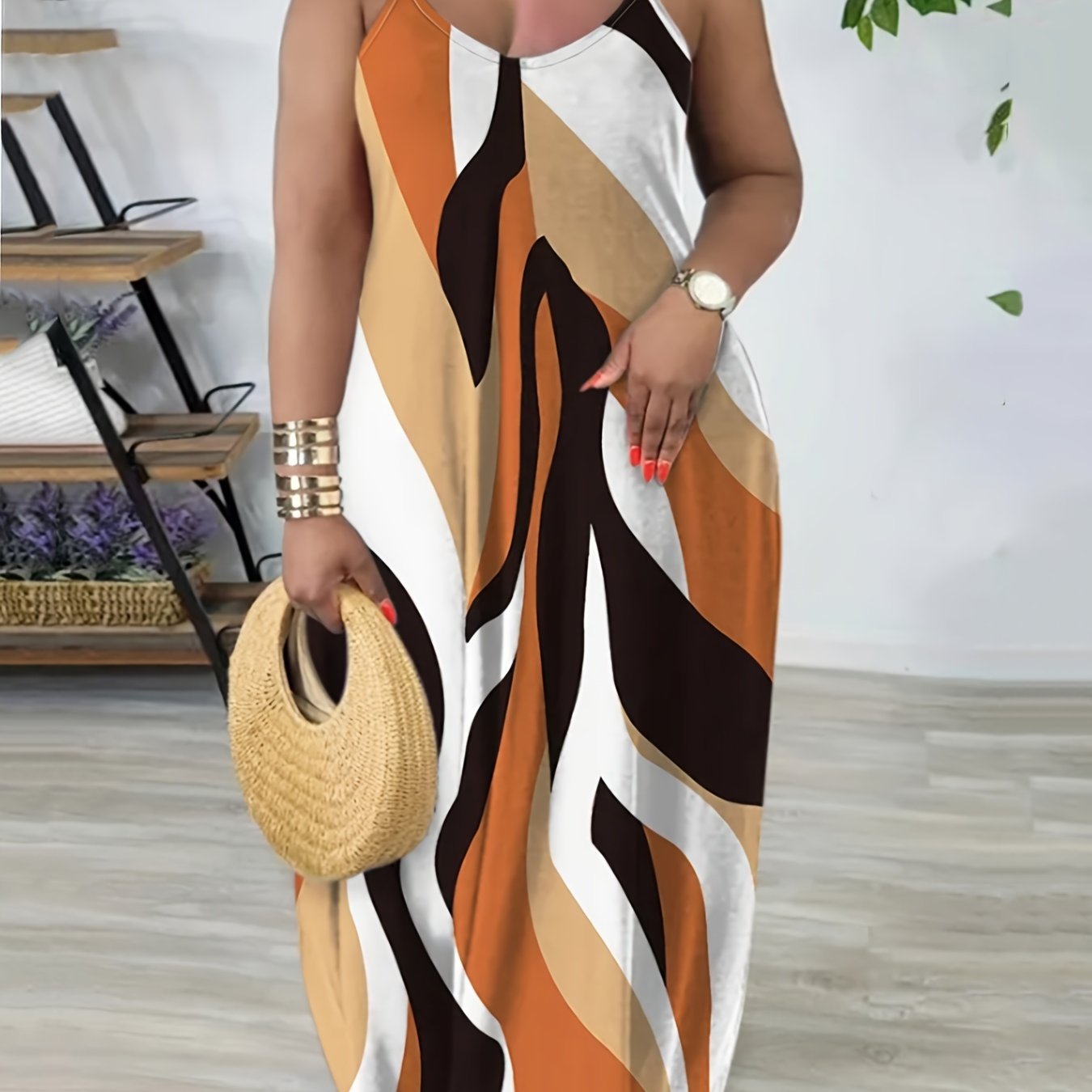 Plus Size Colorblock Print Cami Dress, Casual Sleeveless Dress For Spring & Summer, Women's Plus Size Clothing