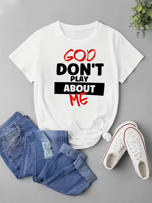 1pc Women'S Casual Crew Neck T-Shirt with "God Don't Play About Me" Faith Graphic - Breathable Polyester Knit Fabric with Slight Stretch for Spring/Summer/Fall