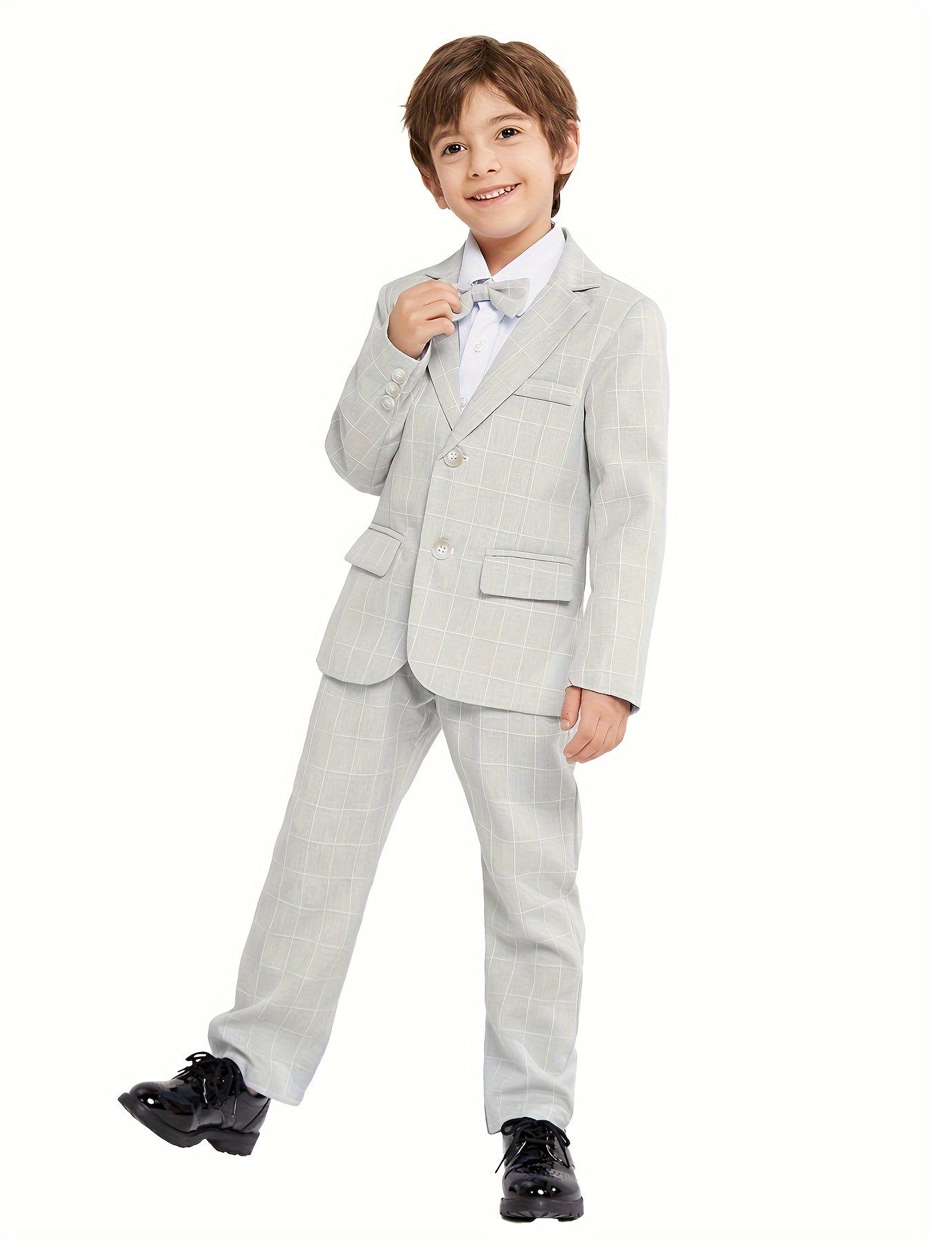 Kids' Elegant Blue Checkered Suit with Bow Tie - Perfect for Weddings and Formal Events, Slim Fit, Long Sleeve, Non-Stretch Fabric, Party Attire|Formal Attire|Slim Fit Suit