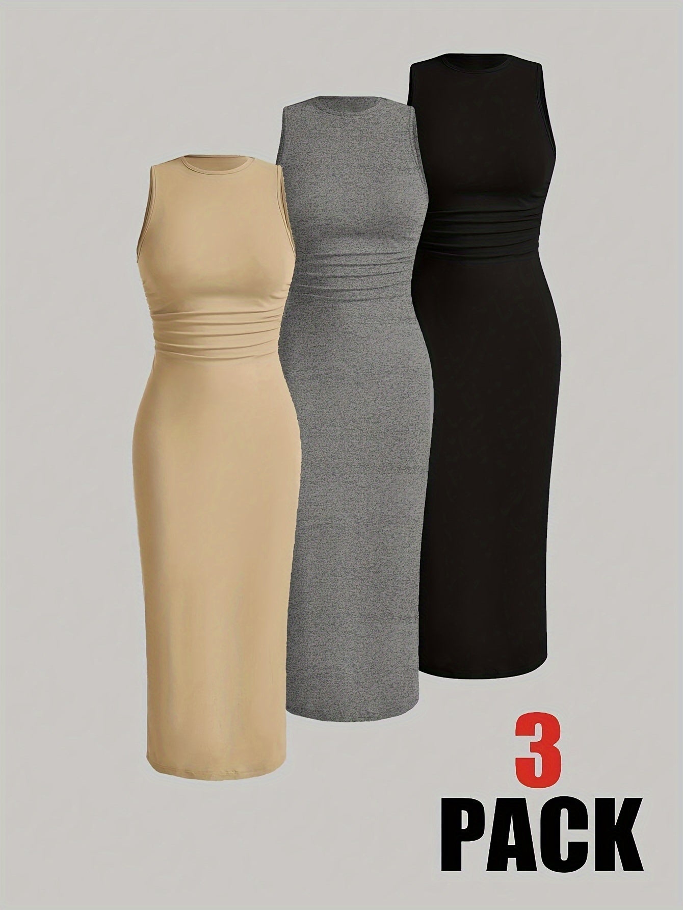 [Summer Bodycon Dress] Stretchy Bodycon Dress | Women's Summer 3 Colors (Beige/Black/Grey) - 95% Polyester 5% Elastane, Round Neck Semi-Sheer, Casual to Formal Wear, Machine Washable Spring Summer Fall Outfits