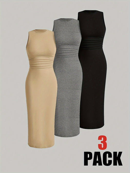 [Summer Bodycon Dress] Stretchy Bodycon Dress | Women's Summer 3 Colors (Beige/Black/Grey) - 95% Polyester 5% Elastane, Round Neck Semi-Sheer, Casual to Formal Wear, Machine Washable Spring Summer Fall Outfits