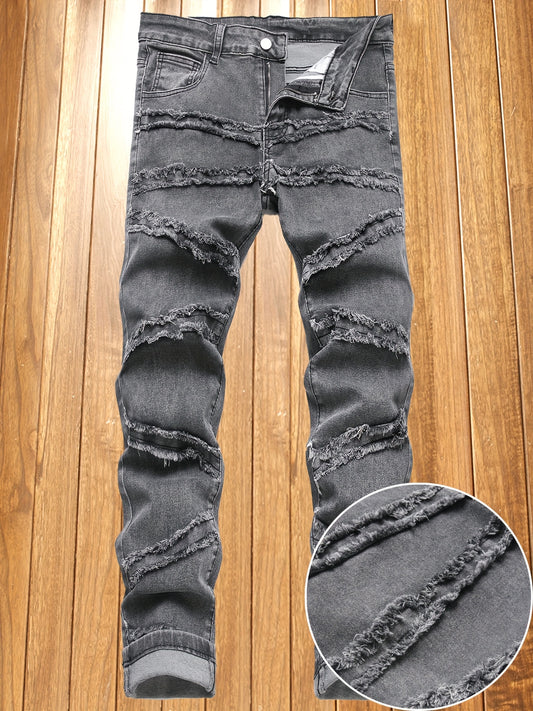 Men's Slim Fit Stretch Denim Jeans - Medium Stretch Comfort, Multiple Pockets & Distressed Details with Accents, Machine Washable Casual Pants for All-Season Wear, Versatile Clothing, Modern Style, Comfortable Material, Urban
