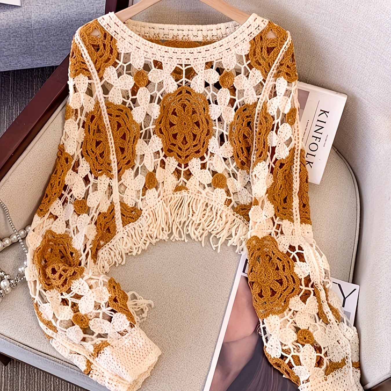 Boho Chic Cardigan Handmade Bohemian Crochet Cardigan Sweater for Women - Long Sleeve Semi-Sheer Cover-up with Ethnic Geometric Pattern in Beige/Brown, Loose Fit for Beach, Parties, Everyday - Boho Chic, Lace-like Layering