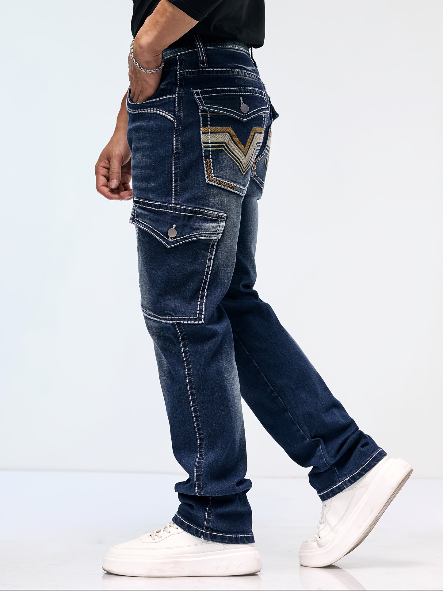 Men's Vintage Embroidered Stretch Denim Jeans with Multiple Pockets - Cotton Blend, Machine Washable