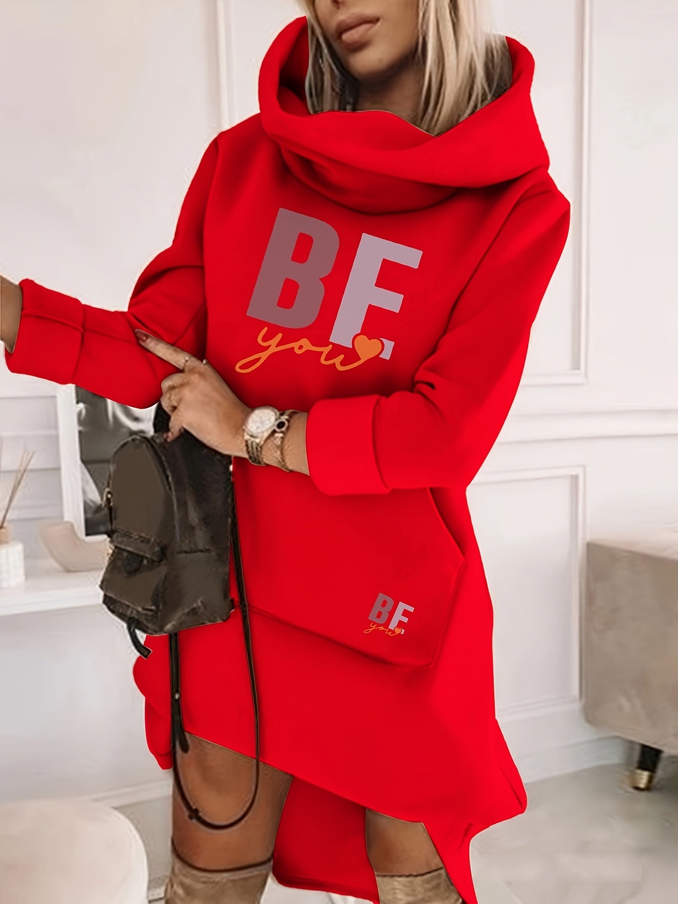 [Motivational Hoodie Dress] Royal Blue Women's Hoodie Dress | BE YOU Motivational Text, Hooded Pullover, Machine Washable, Geometric Pattern, Comfortable Fit, Lounge Wear, Trendy Fashion, Easy Care Fabric