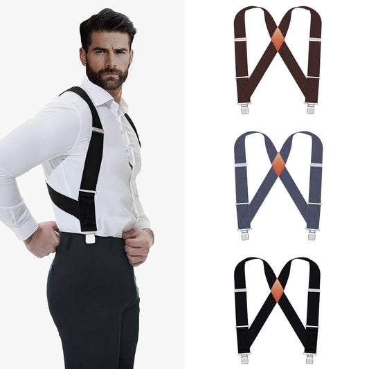 Stylish Men's Heavy-Duty 2" Wide Side Clip Suspenders - Adjustable Elastic Straps, Cool & Handsome Design - Perfect for Work, Christmas, Outdoor Adventures & Formal Occasions (Brown, Navy Blue, Dark Gray, Light Gray), Casual