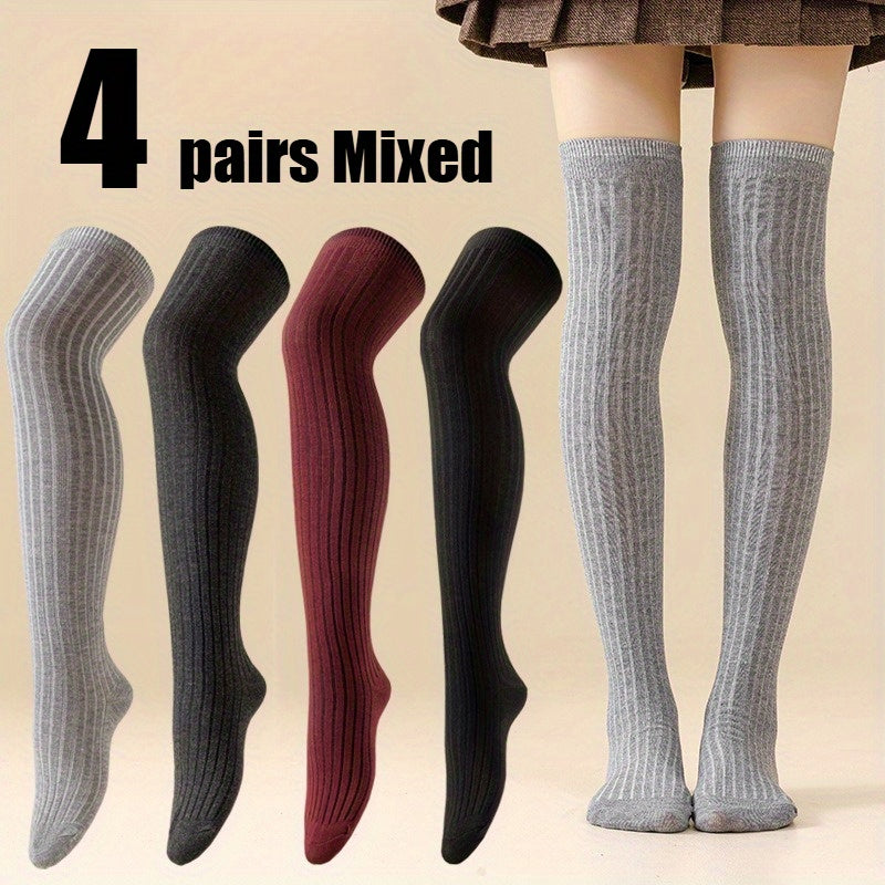 [Japanese Knee Socks] 2/4 Pairs Women'S Japanese Style Over Knee Socks - Solid Color Drawstring, Ribbed Texture, Perfect for Outdoor, Christmas, and Holiday Gifts, Festive Gift Socks | Ribbed Texture Socks | Socks, Cute Socks