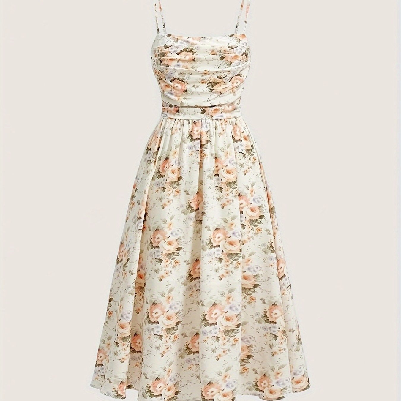 [Floral Beach Dress] Floral Beach Dress - Elegant Floral Print with Waist Tie, Spaghetti Strap Party & Wedding Guest Gown in Beige/ Pink/ White/ Green Floral Pattern - Non-Stretchy Fabric for Formal & Casual Events - Spring/