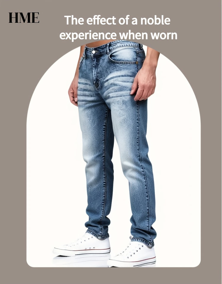 HME Men's Stretch Jeans - Skinny Fit Stretch Denim Pants with Mid-Rise Straight Leg, Vintage Washed Blue Jeans, Machine Washable Everyday Casual Pants for All Seasons (Non-See-Through), Allseason Clothing, Timeless Fivepocket