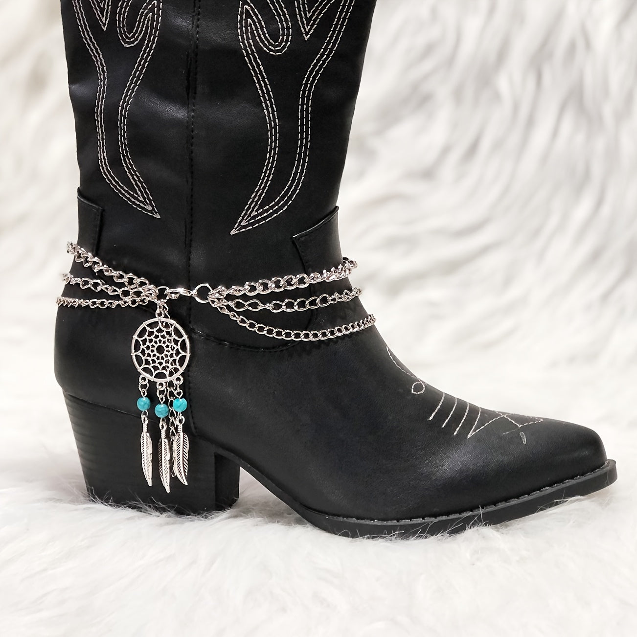 [Bohemian Shoe Decor] Bohemian Green Agate Blue Beads Feather Tassel Shoe Decor | Iron Material, with Wing Details, for DIY Boot Accessories, Perfect for Valentine's Day, Mardi Gras Day, Christmas, Western Cowboy Boots