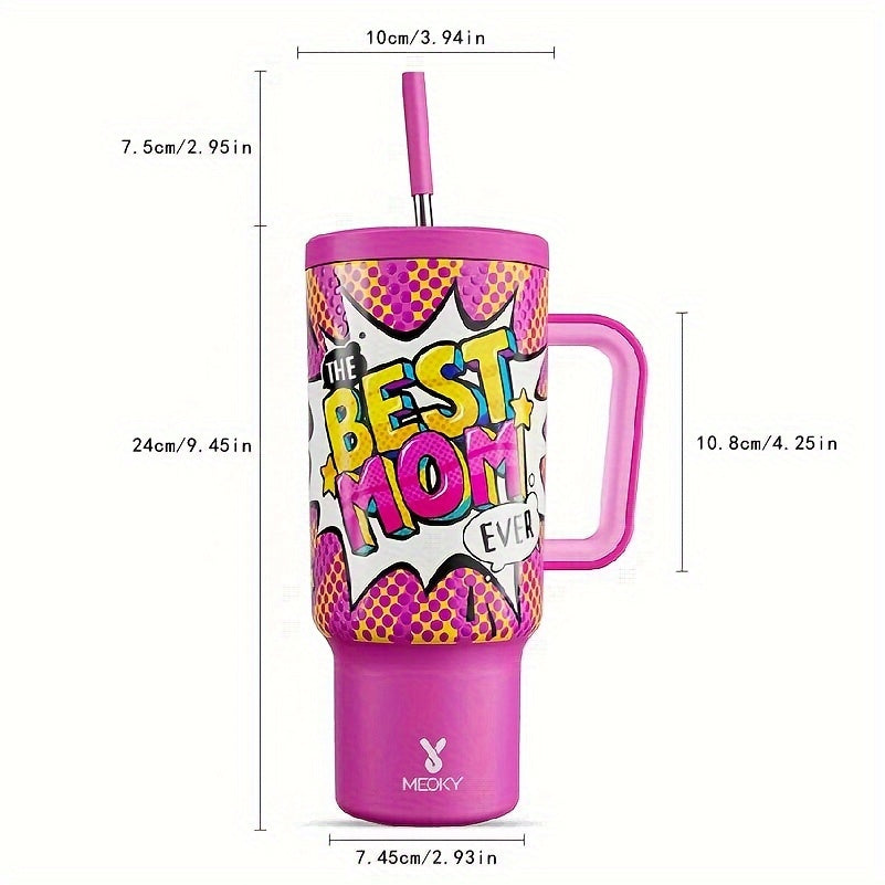 Meoky 1pc, Tumbler With Lid And Straw, 40oz Stainless Steel Insulated Water Bottle With Handle, Gift Drinking Cups, Keeps Cold For 34 Hours Or Hot For 10 Hours, Portable Suitable For Outdoor Camping, Hiking, Driving, And Car