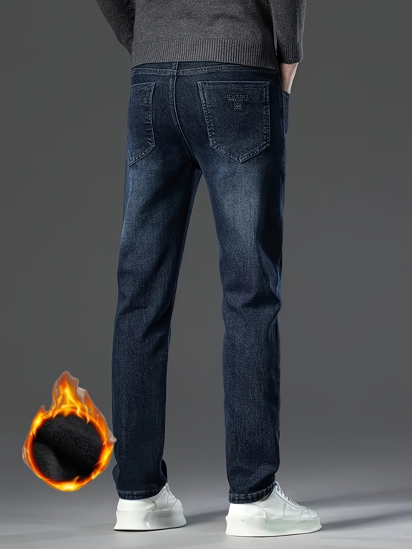 HME Men'S Thermal Insulated Fleece-Like Faux Denim Faux Denim - Mid-Rise Straight-Leg Winter Pants with YKK Zipper Closure, Machine Washable & Beltless Design, Business Casual & Casual Attire, Cold-Resistant Stretch Fabric (R