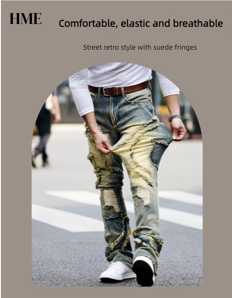 HME Men's Skinny Jeans - Heavy Washed Vintage Streetwear Pants with Patchwork Stitching, Stretch Denim (Cotton-Based), Mid-Rise Fit, All-Season Urban Fashion Jeans for Men, Casual Streetwear, Versatile Bottoms, Retro Style, D