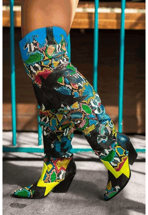 HILDA Colorful Snakeskin Over-the-Knee Boots – Chunky Low Heel Western Style