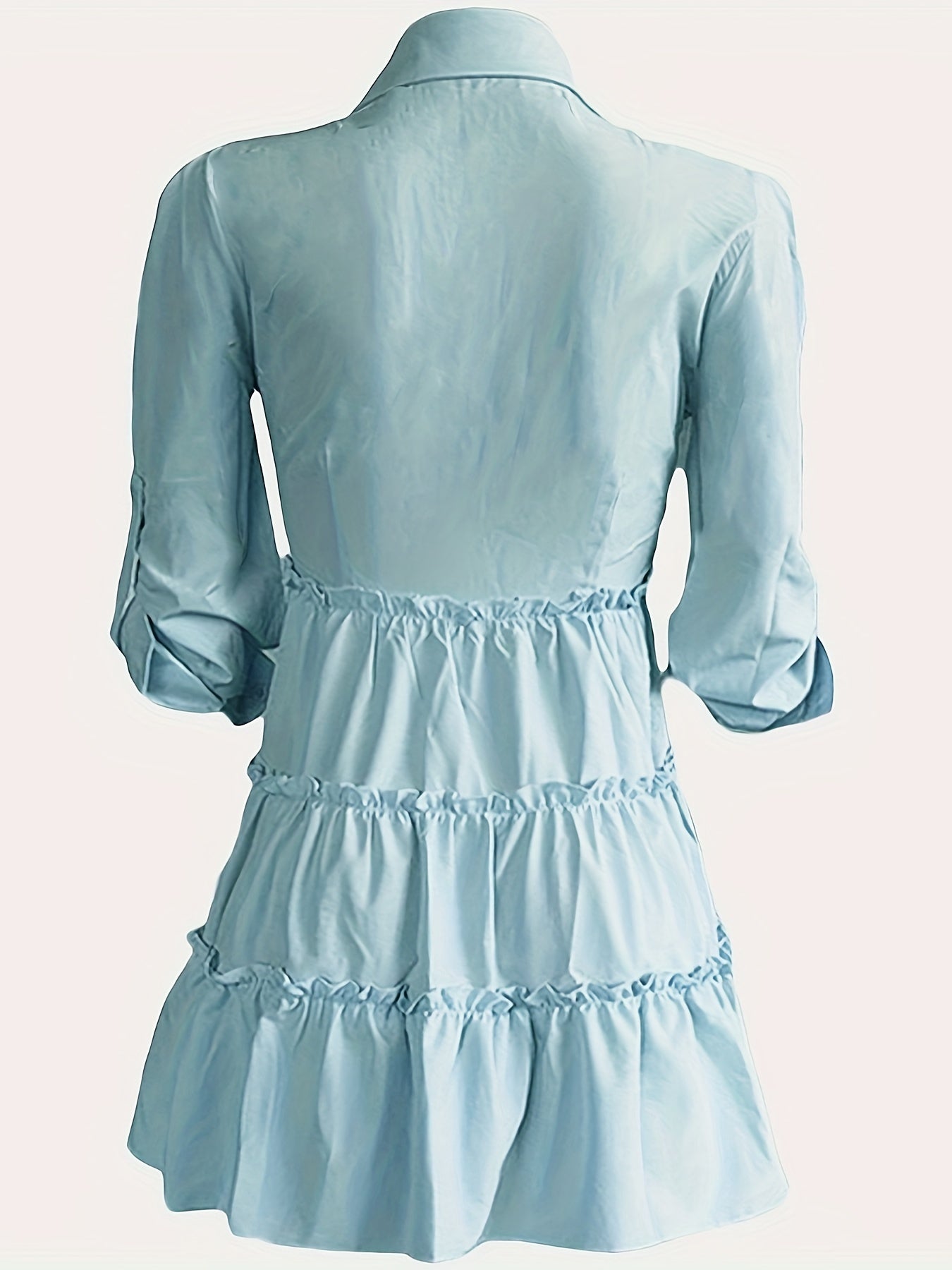 Single Elegant Half Sleeve Ruffle Trim Solid Color Shirt Dress for Spring & Summer, Women's Clothing