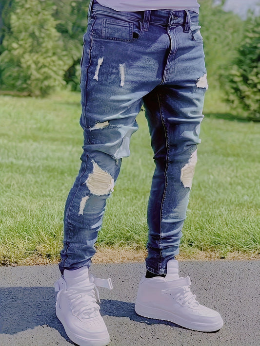 HME Men'S Slim-Fit Straight-Leg Denim Jeans - Mid-Rise Vintage Washed Blue, Stretch Comfort, YKK Zipper Closure, Breathable Rayon Blend, All-Season Casual & Business Wear, Slim Jeans, Midrise Denim, Designer Jeans, Comfortabl