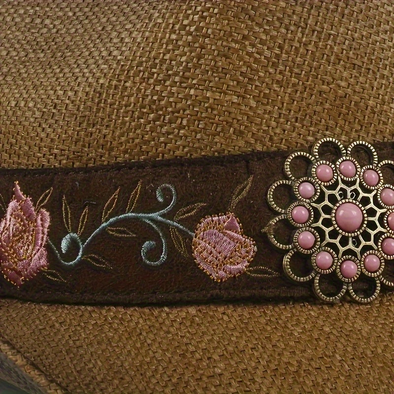 Trendy Choice Women's Western Cowboy Hat - Embroidered Natural Straw Hat with Drawstring Closure, Non-Stretching Fit & Hand Washable - All-Season Outdoor & May Day Celebration Hat