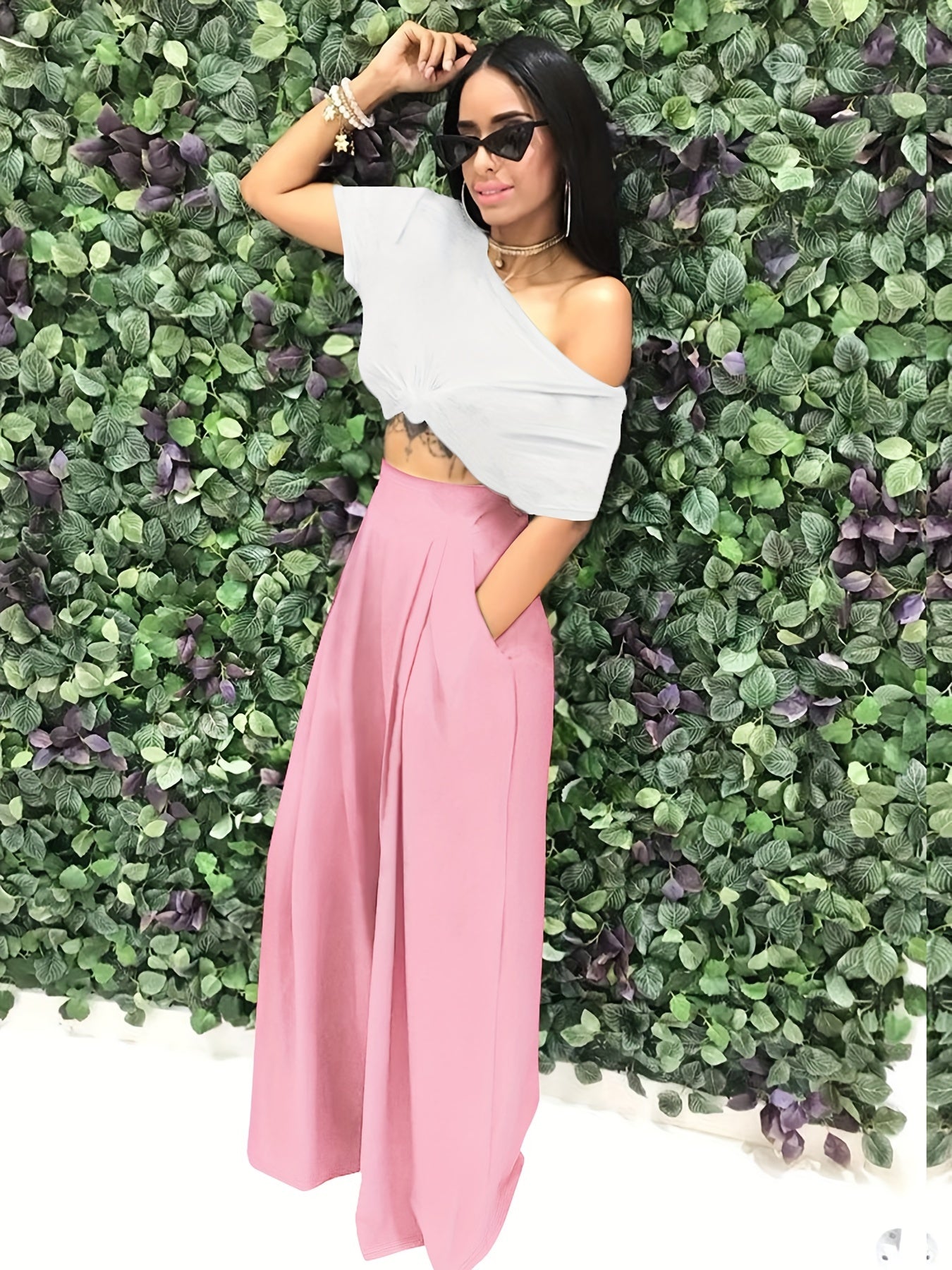 Loose Straight Flare Pants, Casual Pocket High Waist Solid Wide Leg Fashion Comfy Pants, Women's Clothing