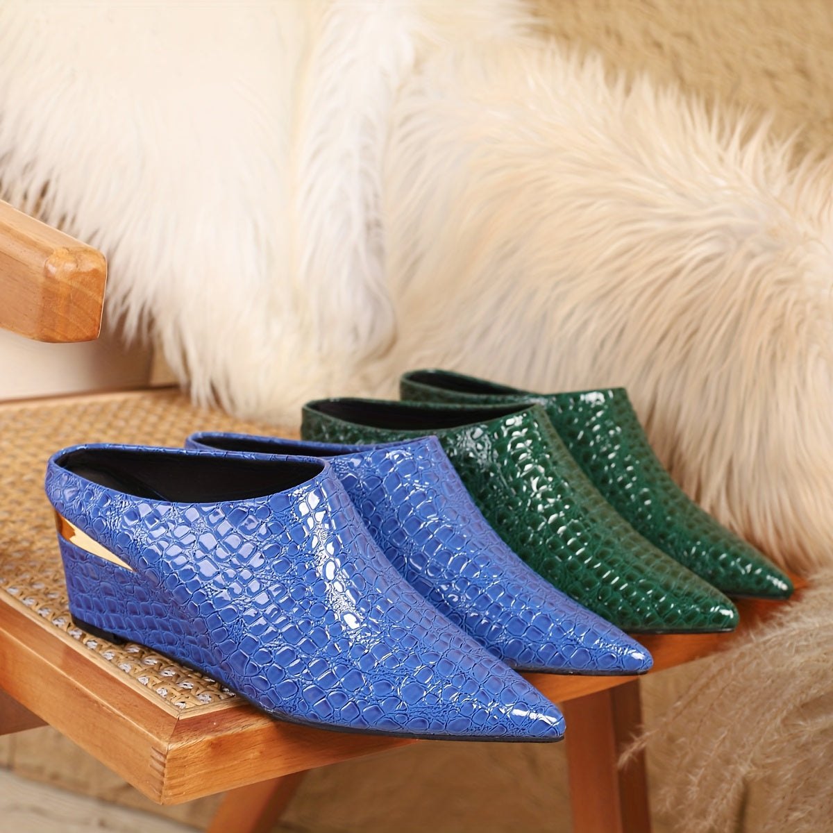 1 Pair Of Wedge Sandals, Stone Pattern, Blue And Green Wedge Shoes, Large Size Simple, One Foot Pedal, Pointed Toe Deep Mouth, Four Seasons Shoes, European And American Style, Goddess Shoes, Versatile Large Size Shoes, Wedge