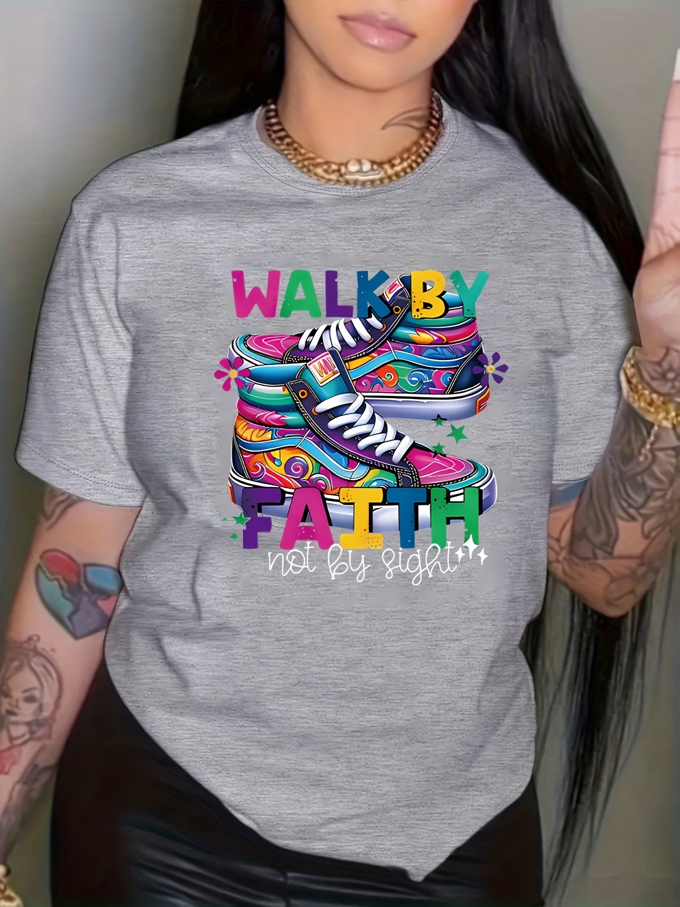 Soft, Breathable Plus Size Women's 'Walk By Faith' Graphic Tee - Casual Short Sleeve T-Shirt for Spring & Summer