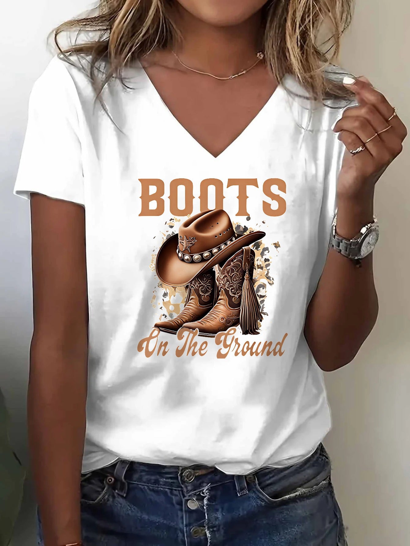 [Printed Cowboy T-Shirt] Printed Cowboy Boots And Hat V-Neck T-Shirt | Standard Size