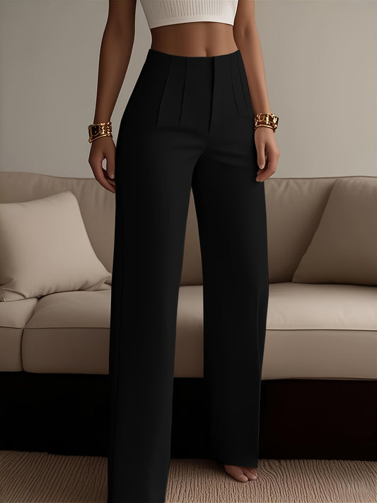 Women's Elegant Solid Black Trousers with Hidden Zipper Closure - Structured Non-Stretch All-Season Work Pants for Commuting, Travel & Professional Attire, Machine Washable Tailored Fit, High Waist Trouser Pants for Women, Pa