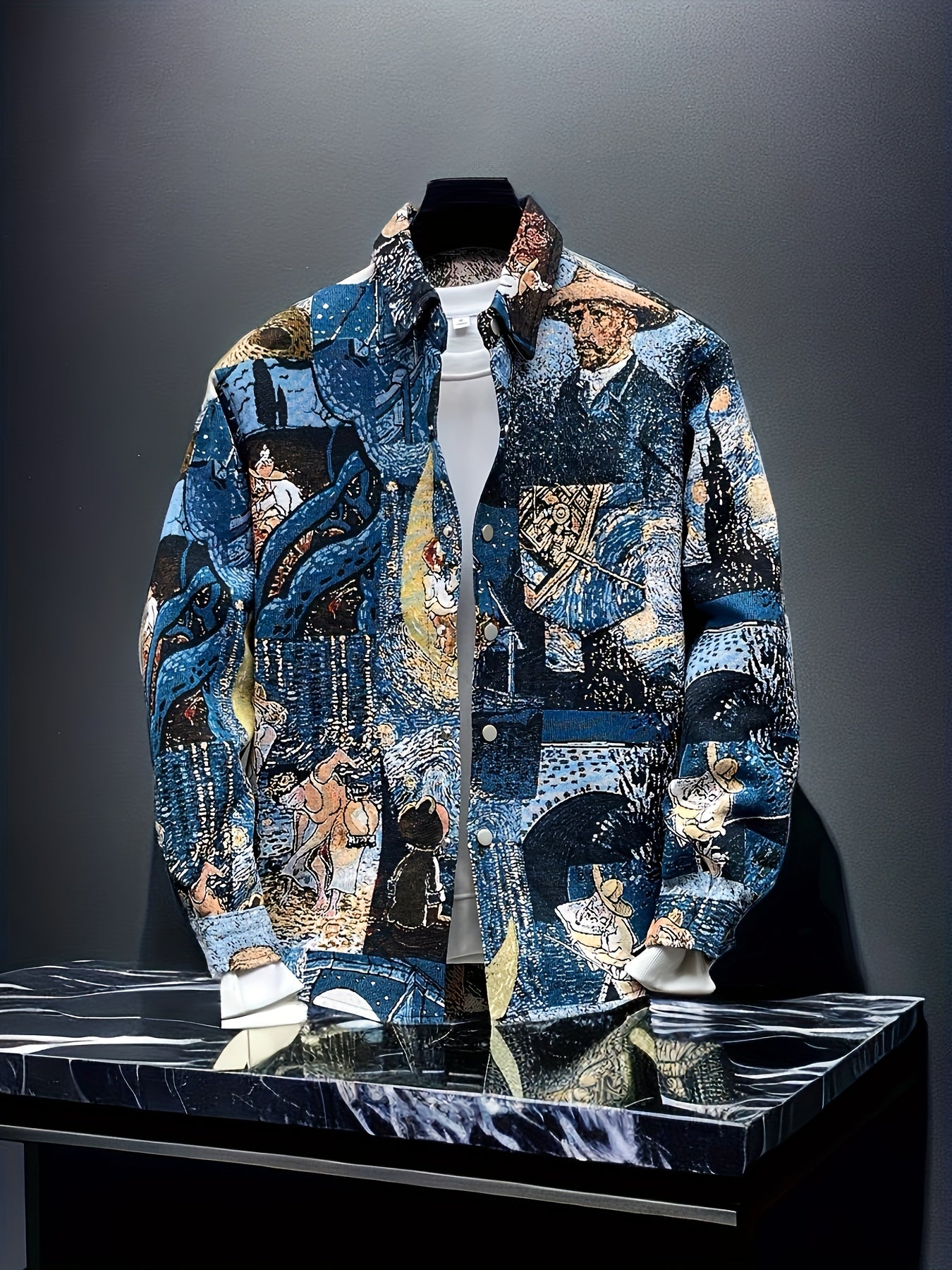 Men's slim-fit long-sleeve shirt - Van Gogh-inspired art buttons top, suitable for both formal and casual wear, machine washable polyester suit alternative - an ideal gift for art enthusiasts, street-style fashion outfit, ver